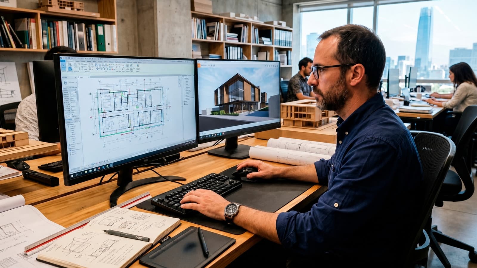 Canadian Houses architect working on technical drawings and 3D modeling